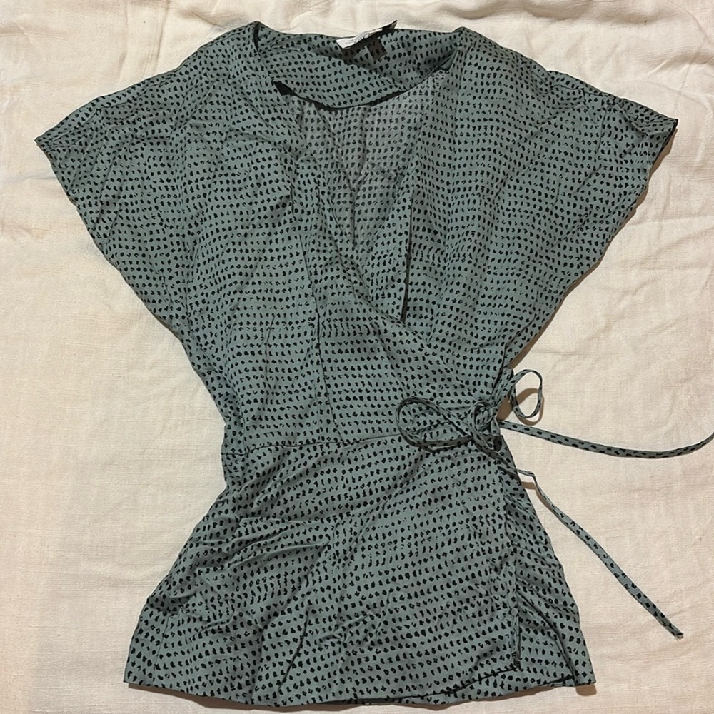 & Other Stories Sage Green Wrap Blouse with Black Dot Print